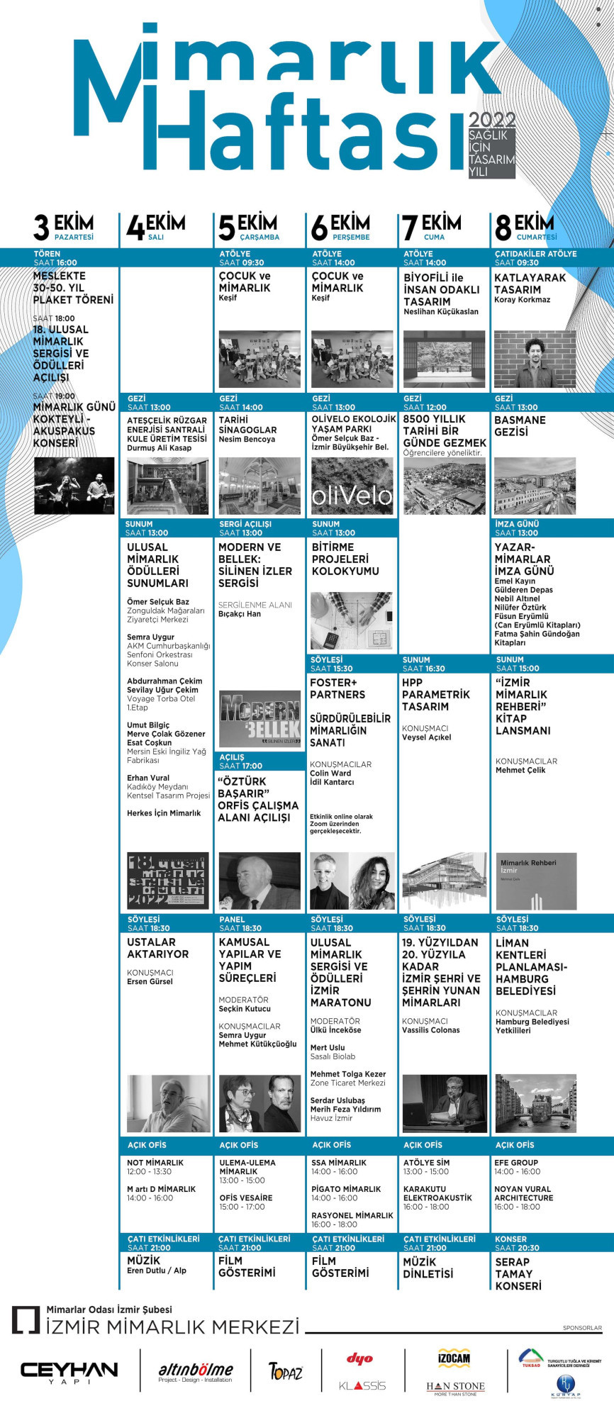 Mimarlar Odası İzmir Şubesi Dünya Mimarlık Haftası 2022 programının mavi beyaz renkli duyurusu 