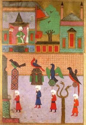 Surnâme-i Hümayun'da Şehzade Mehmet'in sünnet şenliği ve İbrahim Paşa Sarayı şahnişininden töreni izleyen Sultan III. Murat (TSMK, Hazine)